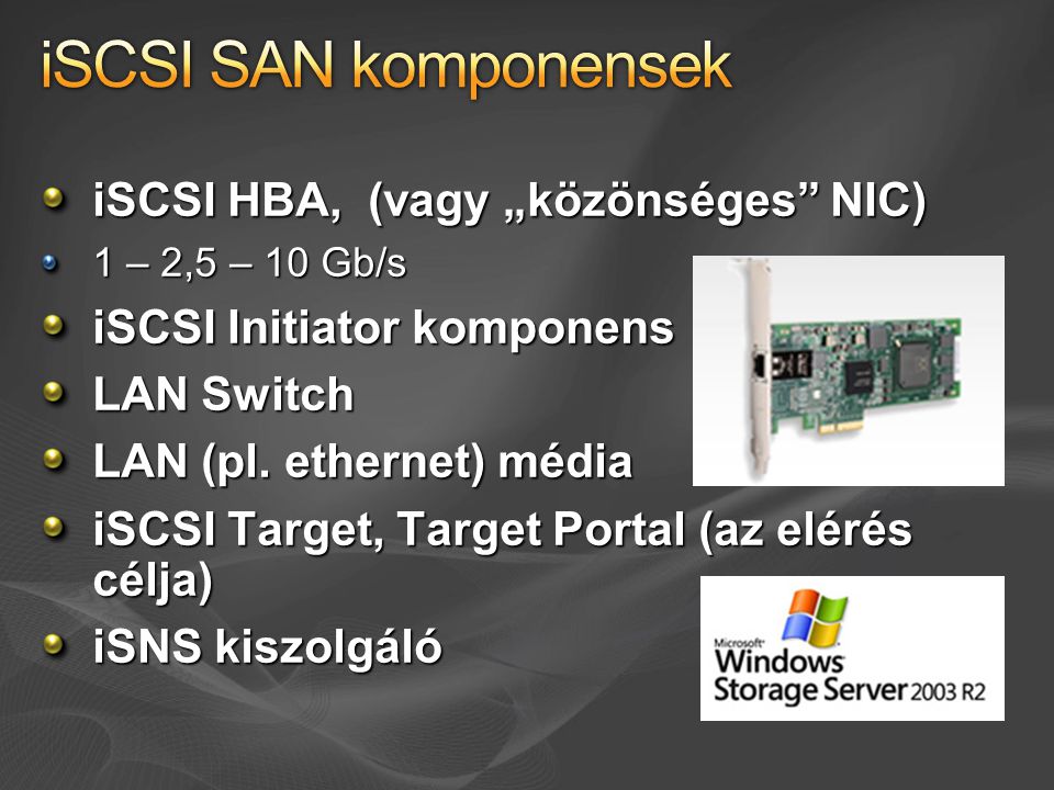 iSCSI HBA, (vagy „közönséges NIC) 1 – 2,5 – 10 Gb/s iSCSI Initiator komponens LAN Switch LAN (pl.
