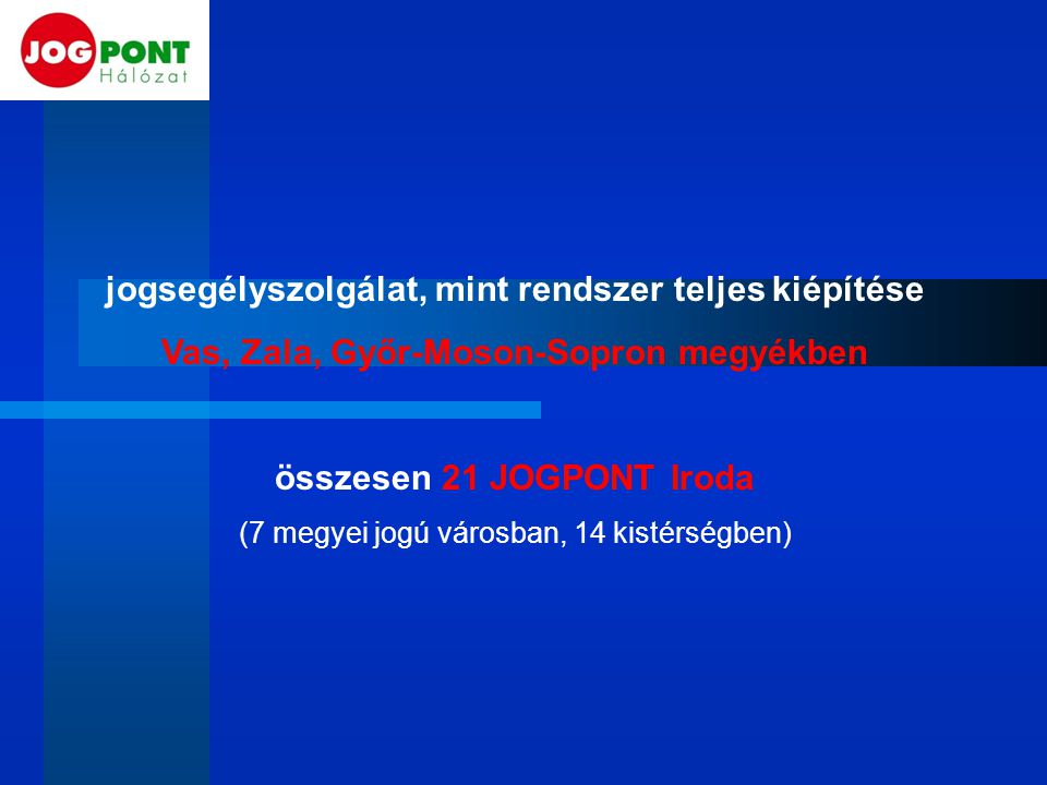 jogsegélyszolgálat, mint rendszer teljes kiépítése Vas, Zala, Győr-Moson-Sopron megyékben összesen 21 JOGPONT Iroda (7 megyei jogú városban, 14 kistérségben)