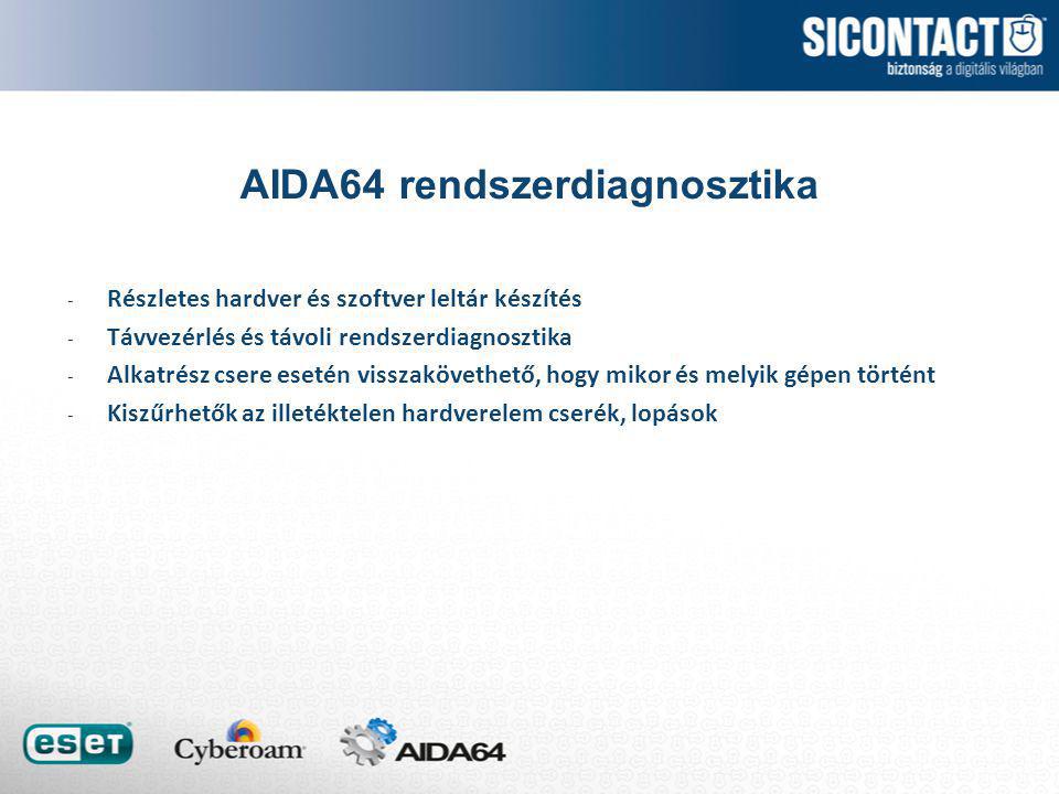 AIDA64 rendszerdiagnosztika - Részletes hardver és szoftver leltár készítés - Távvezérlés és távoli rendszerdiagnosztika - Alkatrész csere esetén visszakövethető, hogy mikor és melyik gépen történt - Kiszűrhetők az illetéktelen hardverelem cserék, lopások