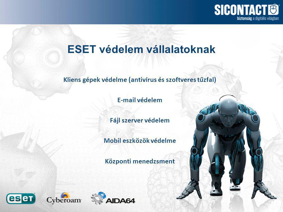 ESET védelem vállalatoknak Kliens gépek védelme (antivírus és szoftveres tűzfal)  védelem Fájl szerver védelem Mobil eszközök védelme Központi menedzsment
