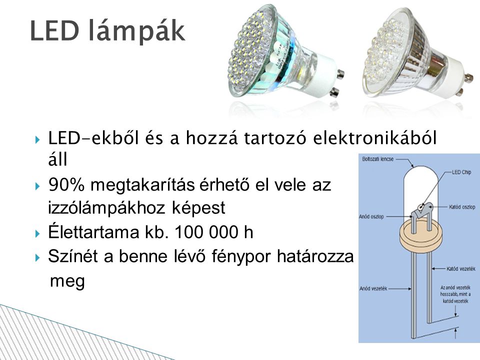  LED-ekből és a hozzá tartozó elektronikából áll  9 0% megtakarítás érhető el vele az izzólámpákhoz képest  Élettartama kb.