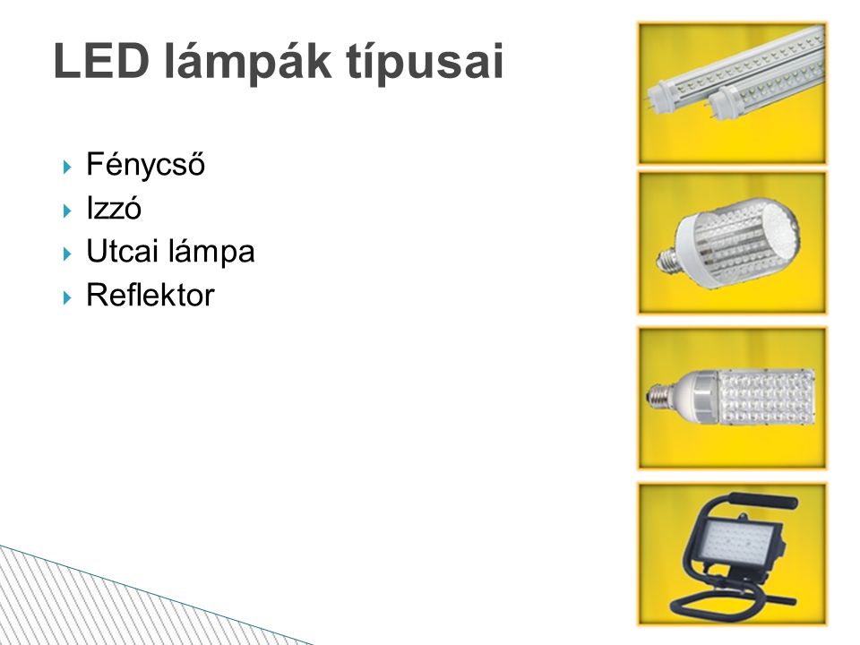 LED lámpák típusai  Fénycső  Izzó  Utcai lámpa  Reflektor