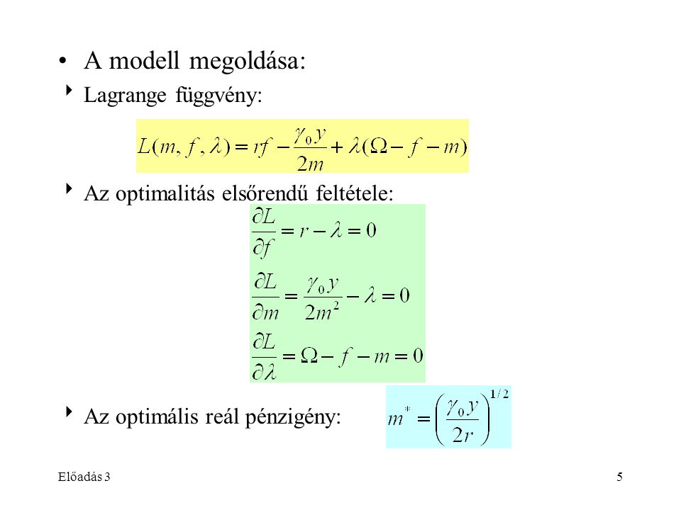 Előadás 35 A modell megoldása:  Lagrange függvény:  Az optimalitás elsőrendű feltétele:  Az optimális reál pénzigény: