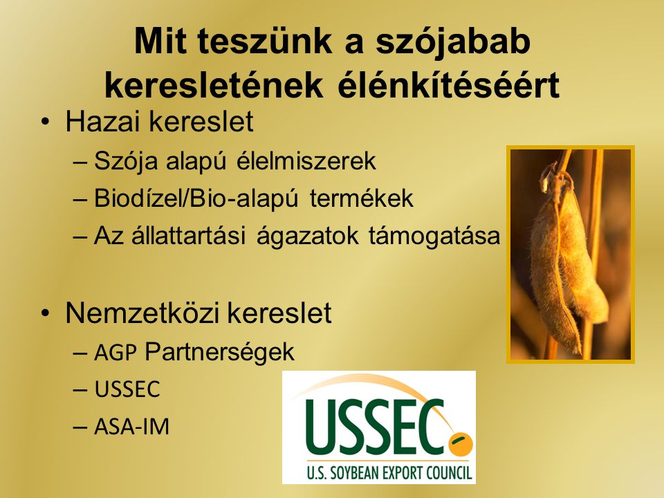 Mit teszünk a szójabab keresletének élénkítéséért Hazai kereslet –Szója alapú élelmiszerek –Biodízel/Bio-alapú termékek –Az állattartási ágazatok támogatása Nemzetközi kereslet – AGP Partnerségek – USSEC – ASA-IM