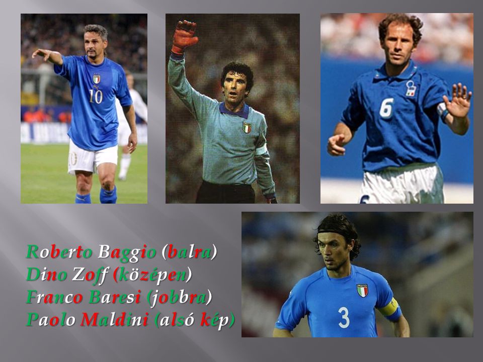 Roberto Baggio (balra) Dino Zoff (középen) Franco Baresi (jobbra) Paolo Maldini (alsó kép)