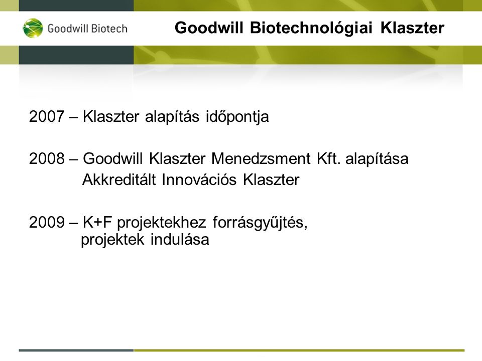 Goodwill Biotechnológiai Klaszter 2007 – Klaszter alapítás időpontja 2008 – Goodwill Klaszter Menedzsment Kft.