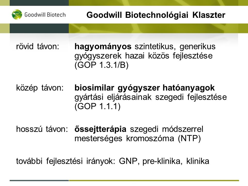 Goodwill Biotechnológiai Klaszter rövid távon:hagyományos szintetikus, generikus gyógyszerek hazai közös fejlesztése (GOP 1.3.1/B) közép távon:biosimilar gyógyszer hatóanyagok gyártási eljárásainak szegedi fejlesztése (GOP 1.1.1) hosszú távon:őssejtterápia szegedi módszerrel mesterséges kromoszóma (NTP) további fejlesztési irányok: GNP, pre-klinika, klinika
