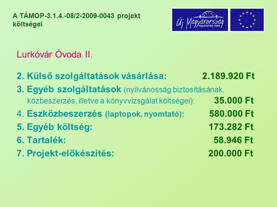 A TÁMOP / projekt költségei Lurkóvár Óvoda II.