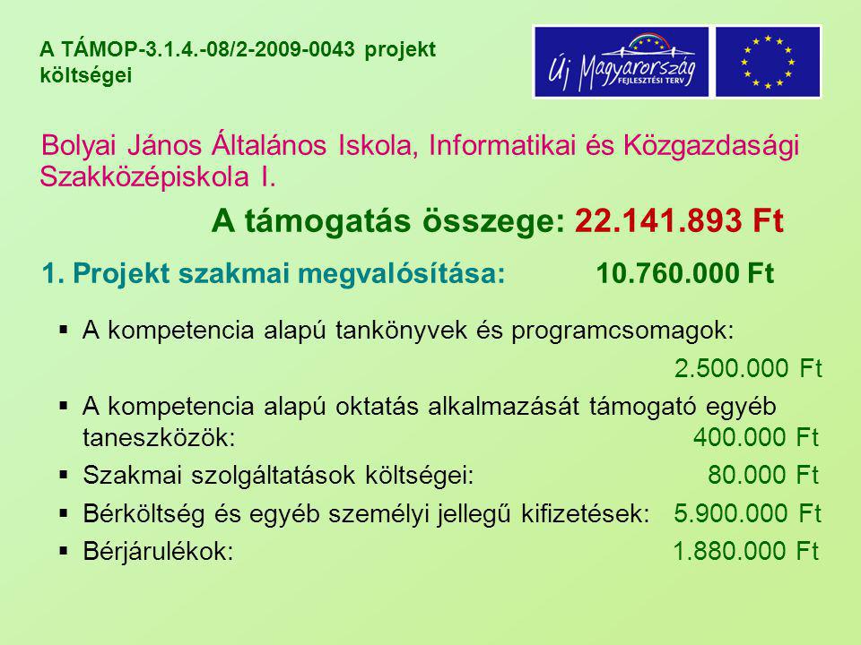 A TÁMOP / projekt költségei Bolyai János Általános Iskola, Informatikai és Közgazdasági Szakközépiskola I.