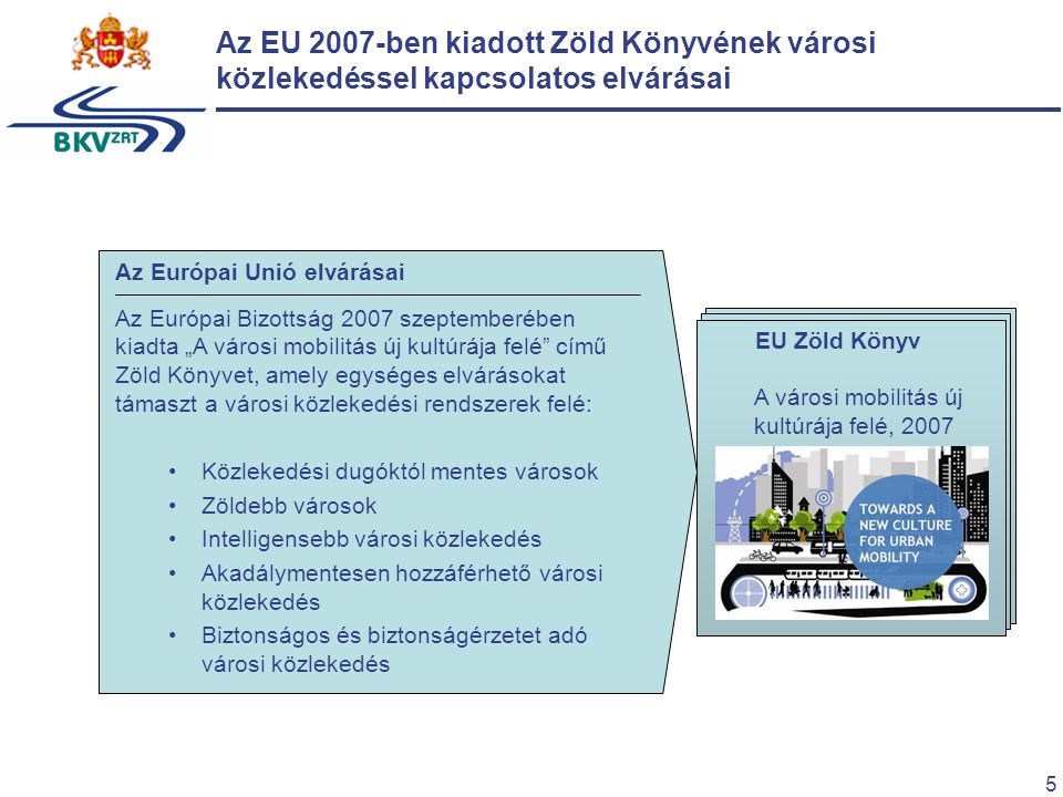 5 Az EU 2007-ben kiadott Zöld Könyvének városi közlekedéssel kapcsolatos elvárásai EU Zöld Könyv A városi mobilitás új kultúrája felé, 2007 Az Európai Unió elvárásai Az Európai Bizottság 2007 szeptemberében kiadta „A városi mobilitás új kultúrája felé című Zöld Könyvet, amely egységes elvárásokat támaszt a városi közlekedési rendszerek felé: Közlekedési dugóktól mentes városok Zöldebb városok Intelligensebb városi közlekedés Akadálymentesen hozzáférhető városi közlekedés Biztonságos és biztonságérzetet adó városi közlekedés
