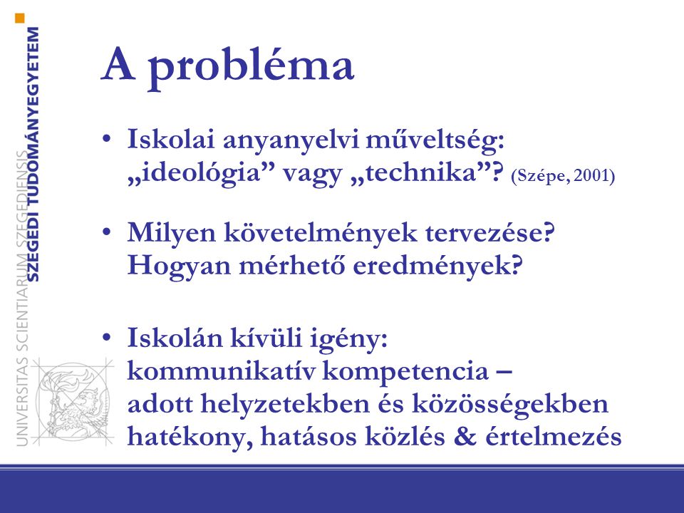 A probléma Iskolai anyanyelvi műveltség: „ideológia vagy „technika .