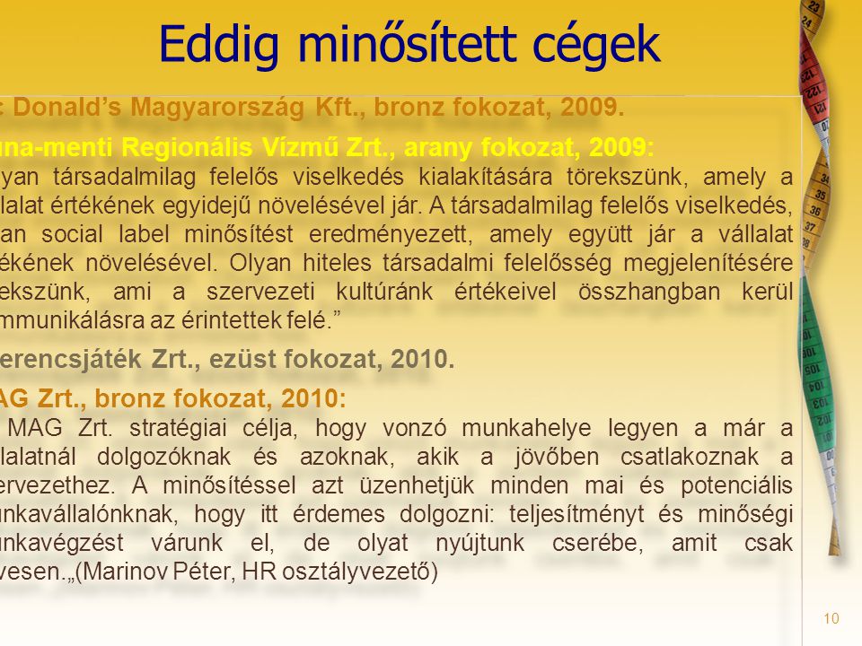10 Eddig minősített cégek Mc Donald’s Magyarország Kft., bronz fokozat, 2009.