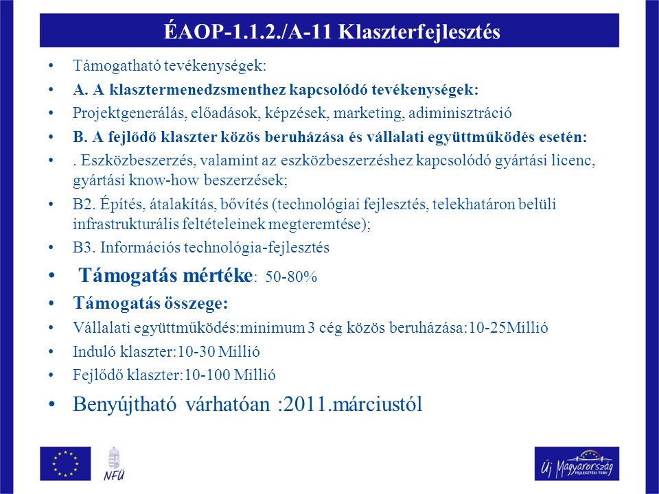 ÉAOP /A-11 Klaszterfejlesztés Támogatható tevékenységek: A.
