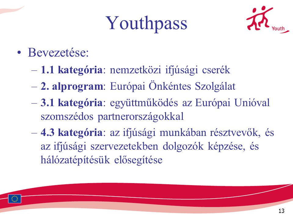 13 Youthpass Bevezetése: –1.1 kategória: nemzetközi ifjúsági cserék –2.