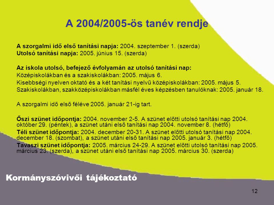 Kormányszóvivői tájékoztató 12 A 2004/2005-ös tanév rendje A szorgalmi idő első tanítási napja: 2004.