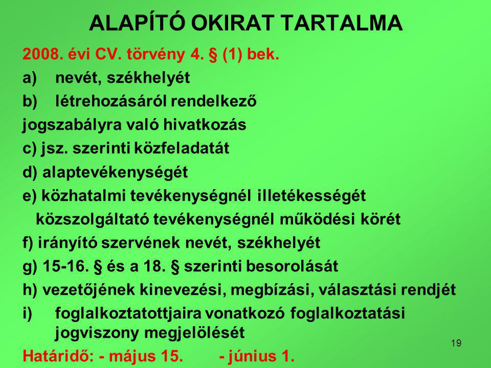 19 ALAPÍTÓ OKIRAT TARTALMA évi CV. törvény 4.