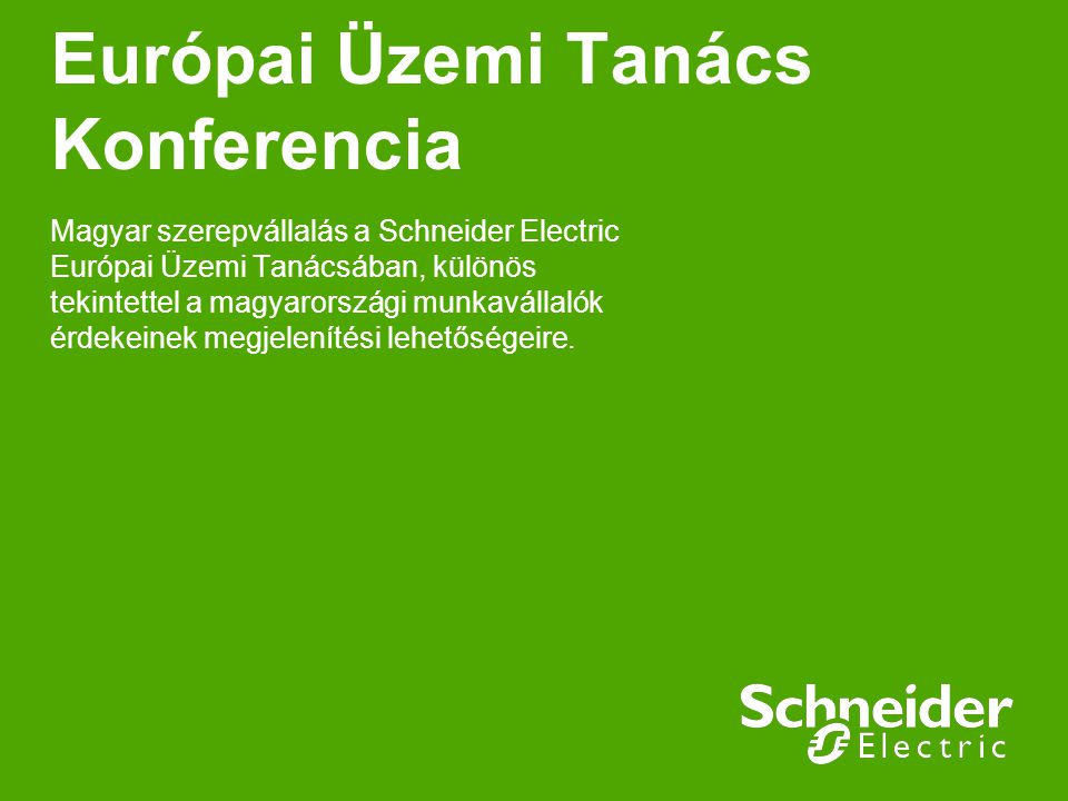 Európai Üzemi Tanács Konferencia Magyar szerepvállalás a Schneider Electric Európai Üzemi Tanácsában, különös tekintettel a magyarországi munkavállalók érdekeinek megjelenítési lehetőségeire.