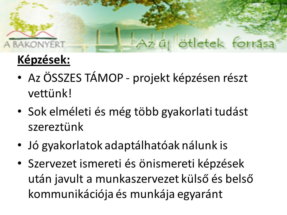 Képzések: Az ÖSSZES TÁMOP - projekt képzésen részt vettünk.