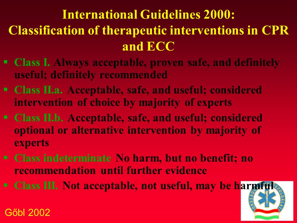 Gőbl 2002 International Guidelines 2000: Classification of therapeutic interventions in CPR and ECC  Class I.