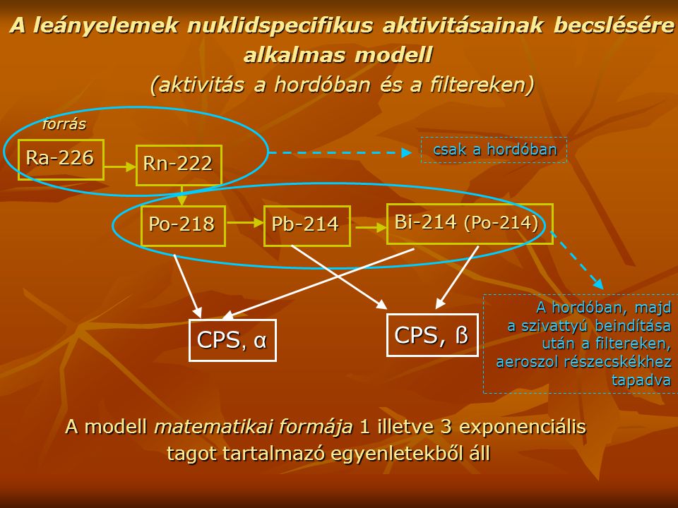 A leányelemek nuklidspecifikus aktivitásainak becslésére alkalmas modell (aktivitás a hordóban és a filtereken) Ra-226 forrás forrás Rn-222 Po-218 Pb-214 Bi-214 (Po-214) csak a hordóban csak a hordóban A hordóban, majd a szivattyú beindítása után a filtereken, aeroszol részecskékhez tapadva CPS, α CPS, ß A modell matematikai formája 1 illetve 3 exponenciális tagot tartalmazó egyenletekből áll