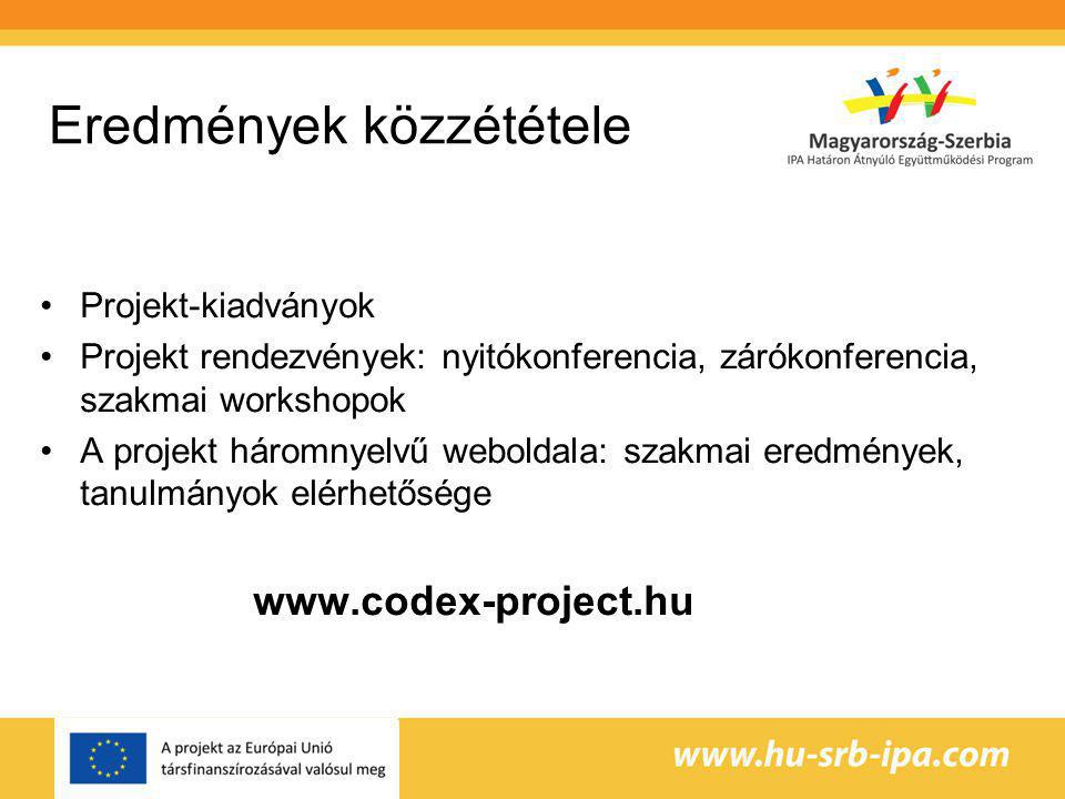 Eredmények közzététele Projekt-kiadványok Projekt rendezvények: nyitókonferencia, zárókonferencia, szakmai workshopok A projekt háromnyelvű weboldala: szakmai eredmények, tanulmányok elérhetősége