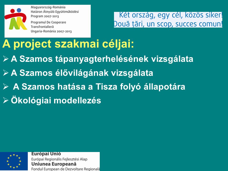 A project szakmai céljai:  A Szamos tápanyagterhelésének vizsgálata  A Szamos élővilágának vizsgálata  A Szamos hatása a Tisza folyó állapotára  Ökológiai modellezés