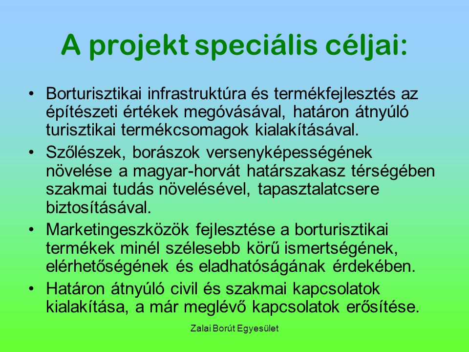 Zalai Borút Egyesület A projekt speciális céljai: Borturisztikai infrastruktúra és termékfejlesztés az építészeti értékek megóvásával, határon átnyúló turisztikai termékcsomagok kialakításával.
