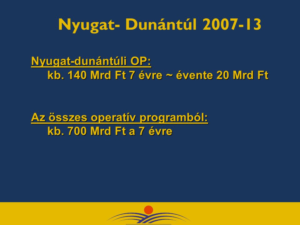 Nyugat- Dunántúl Nyugat-dunántúli OP: kb. 140 Mrd Ft 7 évre ~ évente 20 Mrd Ft kb.