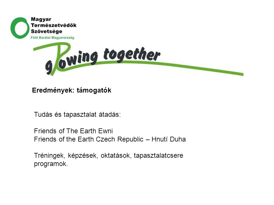 Eredmények: támogatók Tudás és tapasztalat átadás: Friends of The Earth Ewni Friends of the Earth Czech Republic – Hnutí Duha Tréningek, képzések, oktatások, tapasztalatcsere programok.