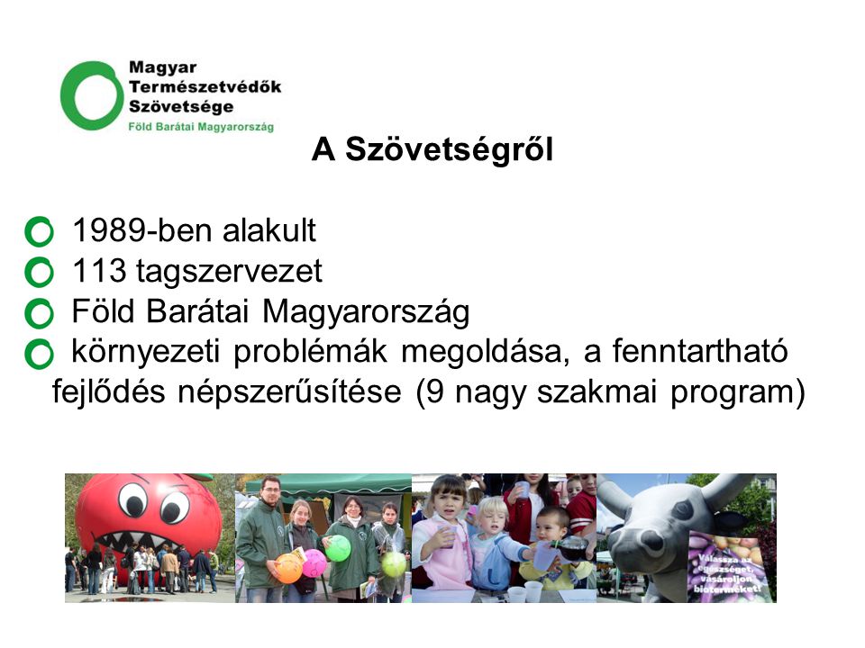 A Szövetségről 1989-ben alakult 113 tagszervezet Föld Barátai Magyarország környezeti problémák megoldása, a fenntartható fejlődés népszerűsítése (9 nagy szakmai program)