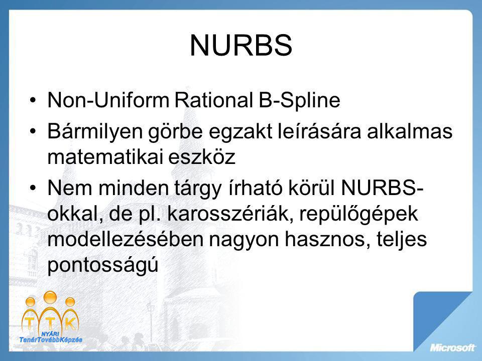 NURBS Non-Uniform Rational B-Spline Bármilyen görbe egzakt leírására alkalmas matematikai eszköz Nem minden tárgy írható körül NURBS- okkal, de pl.