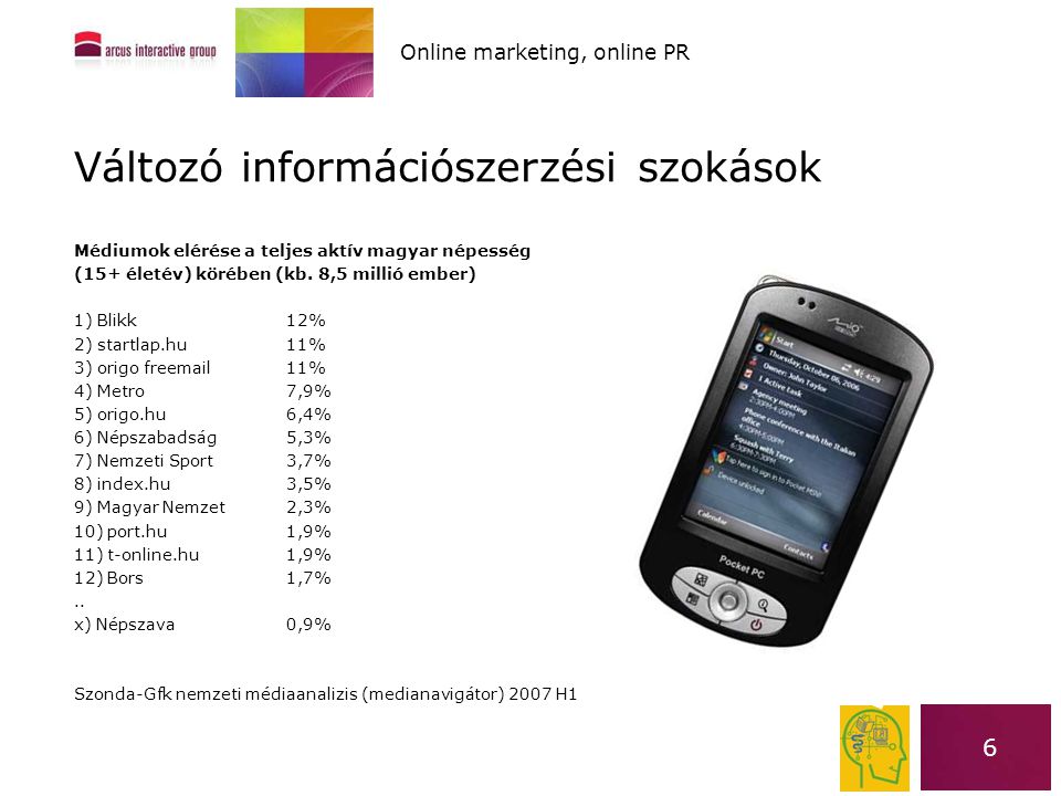6 Változó információszerzési szokások Médiumok elérése a teljes aktív magyar népesség (15+ életév) körében (kb.