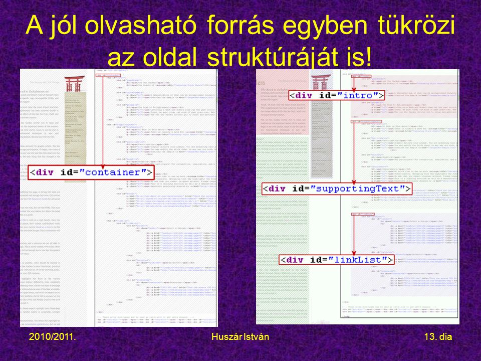 2010/2011.Huszár István13. dia A jól olvasható forrás egyben tükrözi az oldal struktúráját is!