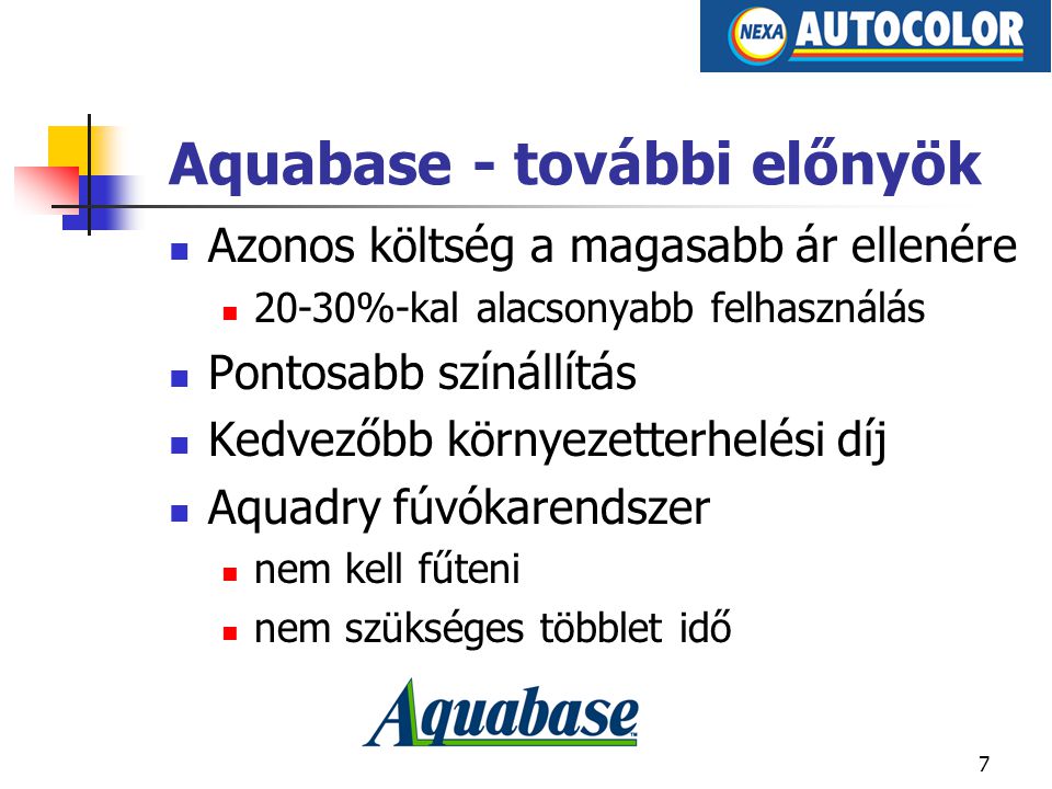 6 A 2K+Aquabase rendszer előnyei Tulajdonságok környezetbarát 67 alapszín recept festett színkártyák jó takaróképesség internetes elérés Az Ön haszna környezet megóvása alacsony készlet rugalmas gyors színazonosítás takarékos felhasználás gyors színállítás
