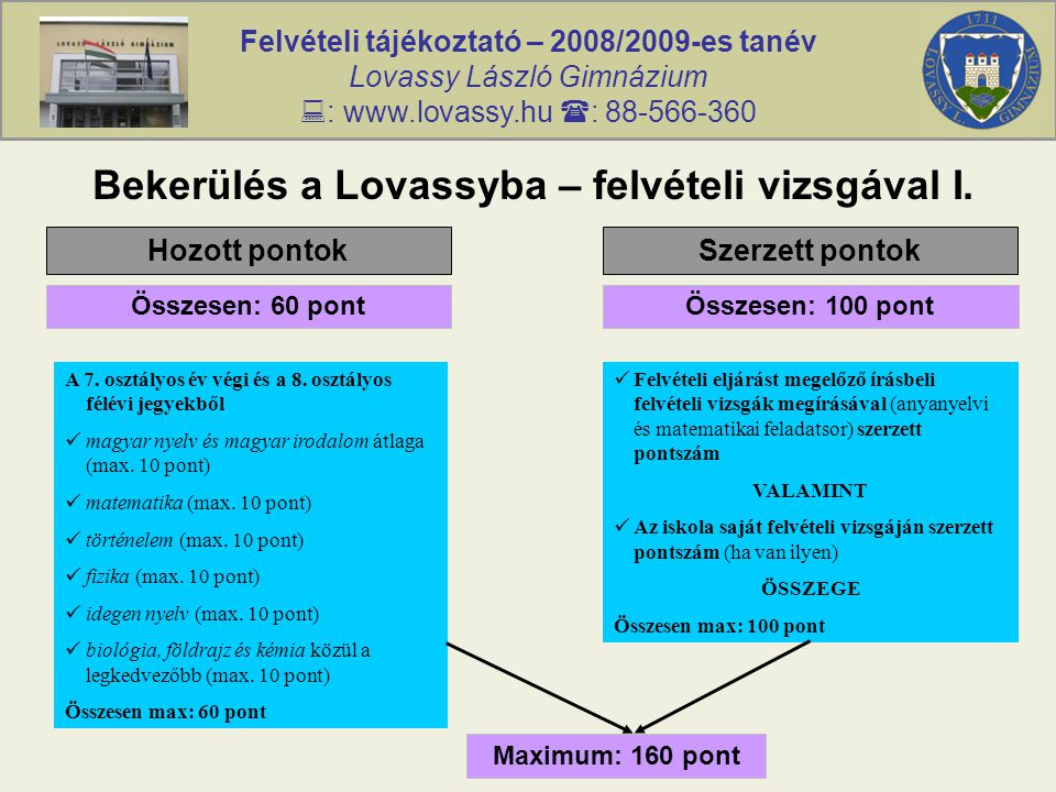 Felvételi tájékoztató – 2008/2009-es tanév Lovassy László Gimnázium  :    : Bekerülés a Lovassyba – felvételi vizsgával I.