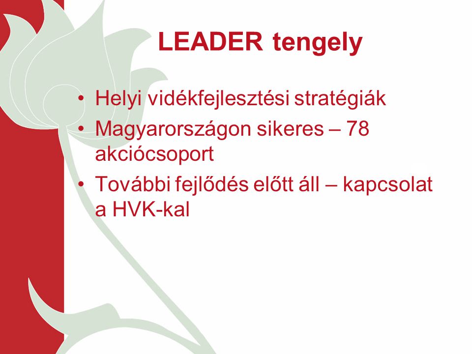 LEADER tengely Helyi vidékfejlesztési stratégiák Magyarországon sikeres – 78 akciócsoport További fejlődés előtt áll – kapcsolat a HVK-kal