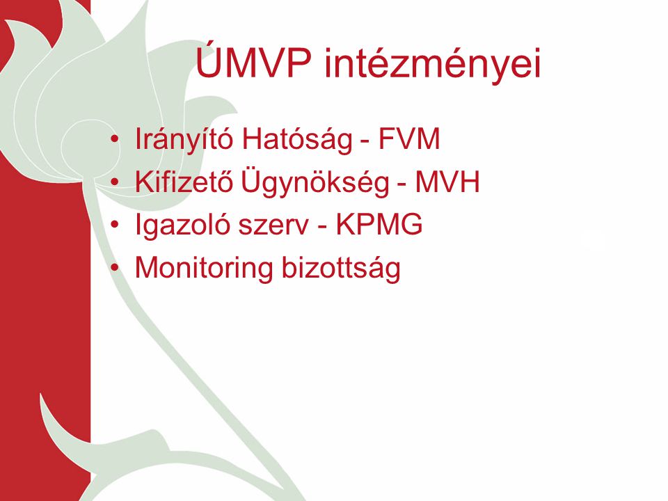 ÚMVP intézményei Irányító Hatóság - FVM Kifizető Ügynökség - MVH Igazoló szerv - KPMG Monitoring bizottság