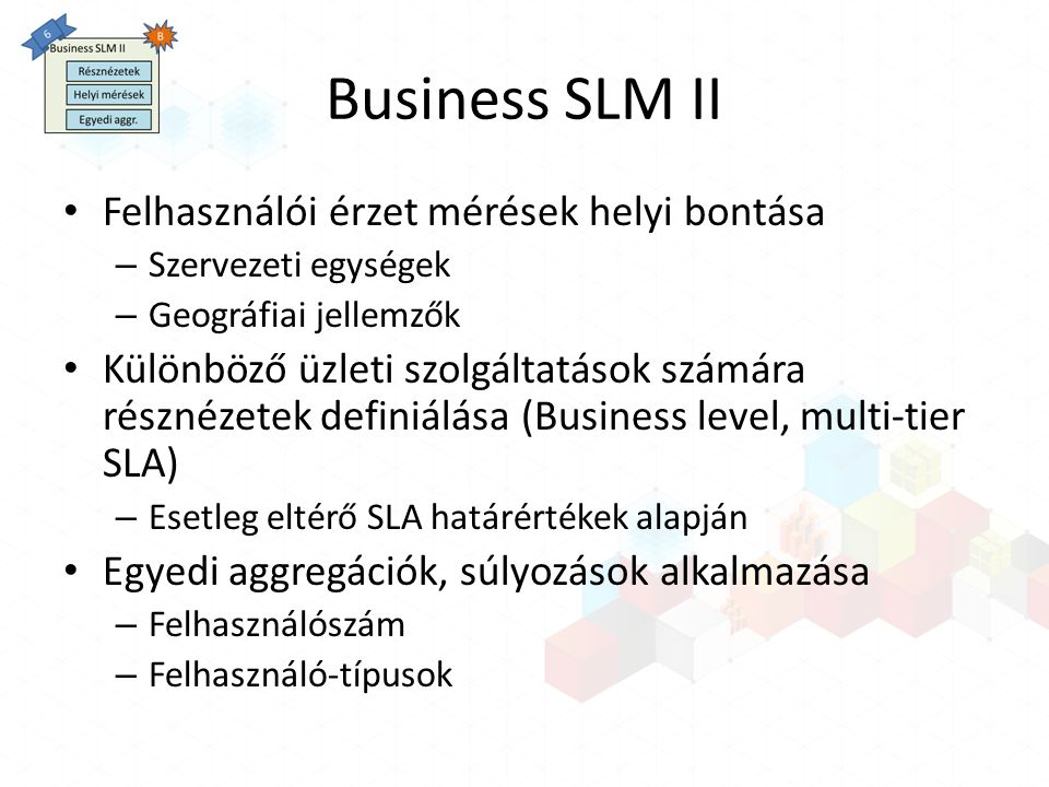 Business SLM II Felhasználói érzet mérések helyi bontása – Szervezeti egységek – Geográfiai jellemzők Különböző üzleti szolgáltatások számára résznézetek definiálása (Business level, multi-tier SLA) – Esetleg eltérő SLA határértékek alapján Egyedi aggregációk, súlyozások alkalmazása – Felhasználószám – Felhasználó-típusok