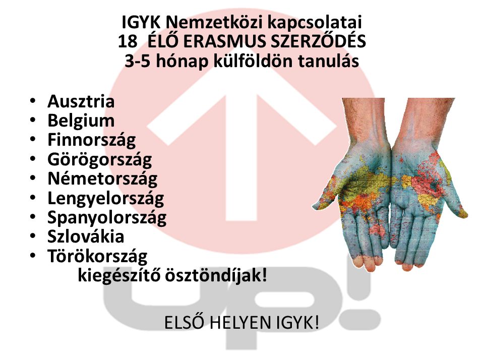 IGYK Nemzetközi kapcsolatai 18 ÉLŐ ERASMUS SZERZŐDÉS 3-5 hónap külföldön tanulás Ausztria Belgium Finnország Görögország Németország Lengyelország Spanyolország Szlovákia Törökország kiegészítő ösztöndíjak.