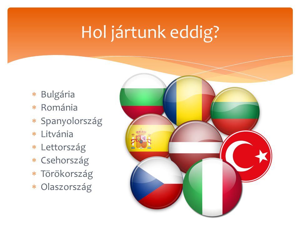  Bulgária  Románia  Spanyolország  Litvánia  Lettország  Csehország  Törökország  Olaszország Hol jártunk eddig