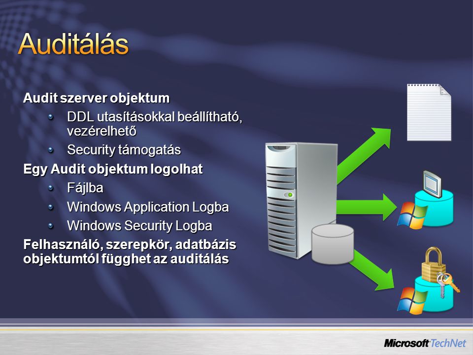 Audit szerver objektum DDL utasításokkal beállítható, vezérelhető Security támogatás Egy Audit objektum logolhat Fájlba Windows Application Logba Windows Security Logba Felhasználó, szerepkör, adatbázis objektumtól függhet az auditálás