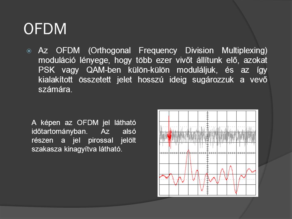 OFDM  Az OFDM (Orthogonal Frequency Division Multiplexing) moduláció lényege, hogy több ezer vivőt állítunk elő, azokat PSK vagy QAM-ben külön-külön moduláljuk, és az így kialakított összetett jelet hosszú ideig sugározzuk a vevő számára.