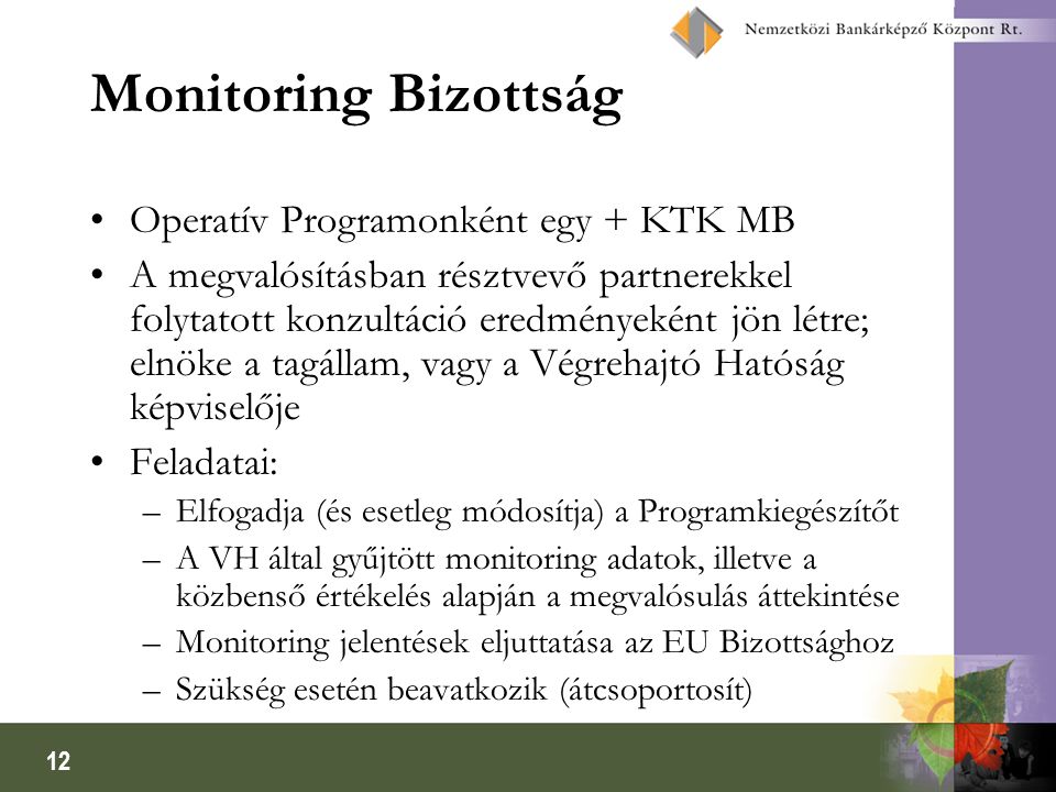 12 Monitoring Bizottság Operatív Programonként egy + KTK MB A megvalósításban résztvevő partnerekkel folytatott konzultáció eredményeként jön létre; elnöke a tagállam, vagy a Végrehajtó Hatóság képviselője Feladatai: –Elfogadja (és esetleg módosítja) a Programkiegészítőt –A VH által gyűjtött monitoring adatok, illetve a közbenső értékelés alapján a megvalósulás áttekintése –Monitoring jelentések eljuttatása az EU Bizottsághoz –Szükség esetén beavatkozik (átcsoportosít)