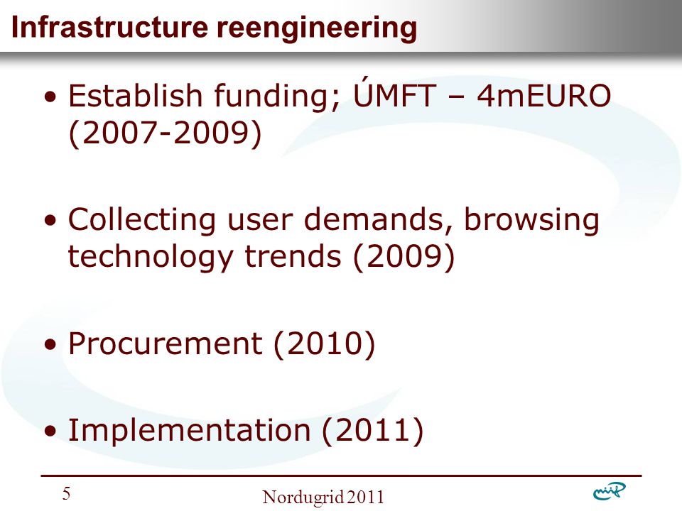 Nemzeti Információs Infrastruktúra Fejlesztési Intézet Nordugrid Infrastructure reengineering Establish funding; ÚMFT – 4mEURO ( ) Collecting user demands, browsing technology trends (2009) Procurement (2010) Implementation (2011)