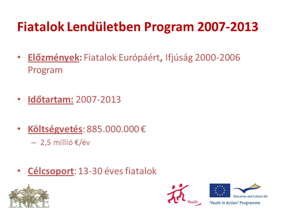 Előzmények: Fiatalok Európáért, Ifjúság Program Időtartam: Költségvetés: € – 2,5 millió €/év Célcsoport: éves fiatalok