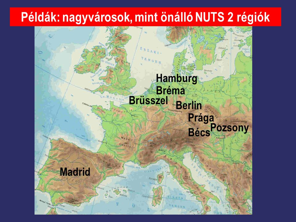 Példák: nagyvárosok, mint önálló NUTS 2 régiók Bécs Pozsony Berlin Brüsszel Bréma Hamburg Prága Madrid