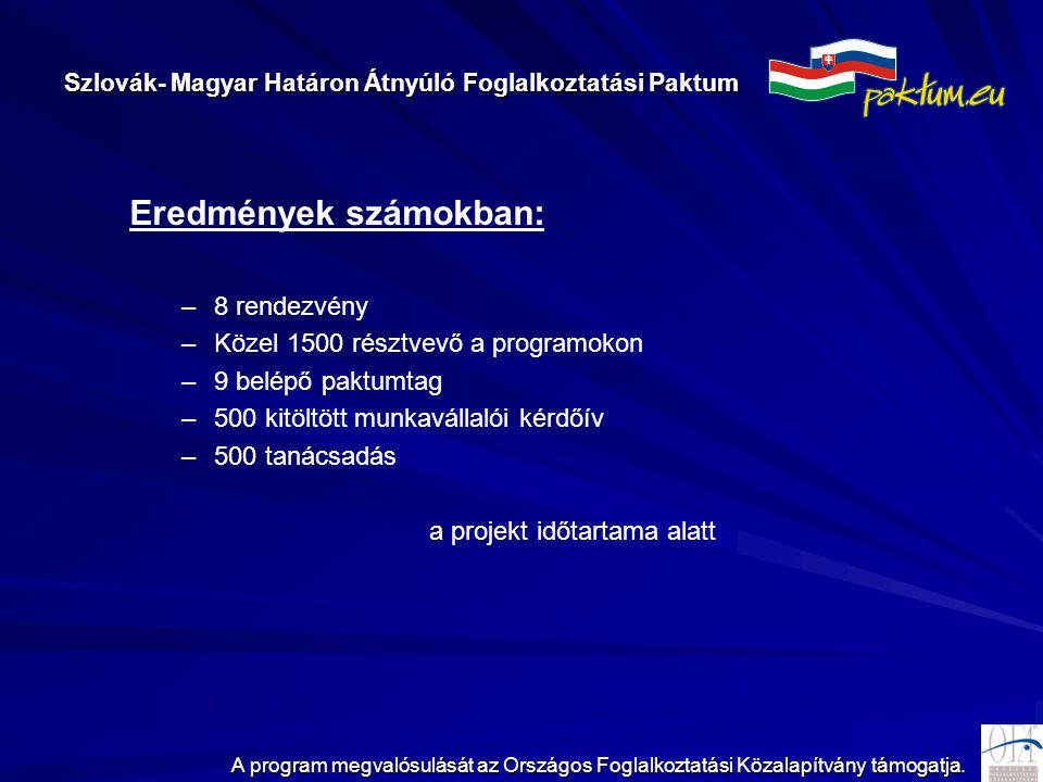 Szlovák- Magyar Határon Átnyúló Foglalkoztatási Paktum A program megvalósulását az Országos Foglalkoztatási Közalapítvány támogatja.