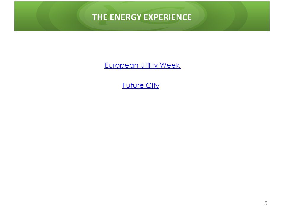 THE ENERGY EXPERIENCE 5 European Utility Week Future City