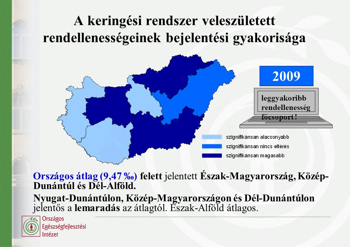 A keringési rendszer veleszületett rendellenességeinek bejelentési gyakorisága Országos átlag (9,47 ‰) felett jelentett Észak-Magyarország, Közép- Dunántúl és Dél-Alföld.