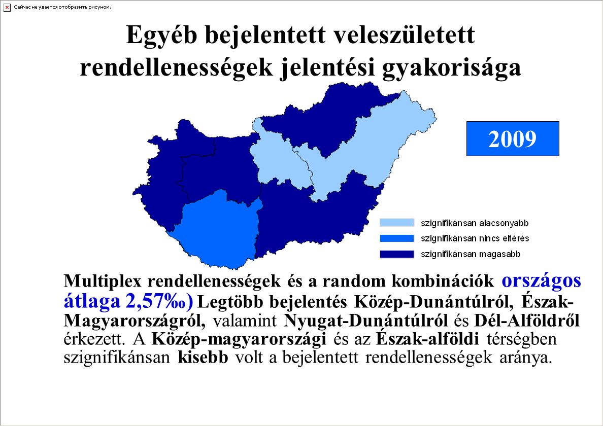 Egyéb bejelentett veleszületett rendellenességek jelentési gyakorisága Multiplex rendellenességek és a random kombinációk országos átlaga 2,57‰) Legtöbb bejelentés Közép-Dunántúlról, Észak- Magyarországról, valamint Nyugat-Dunántúlról és Dél-Alföldről érkezett.